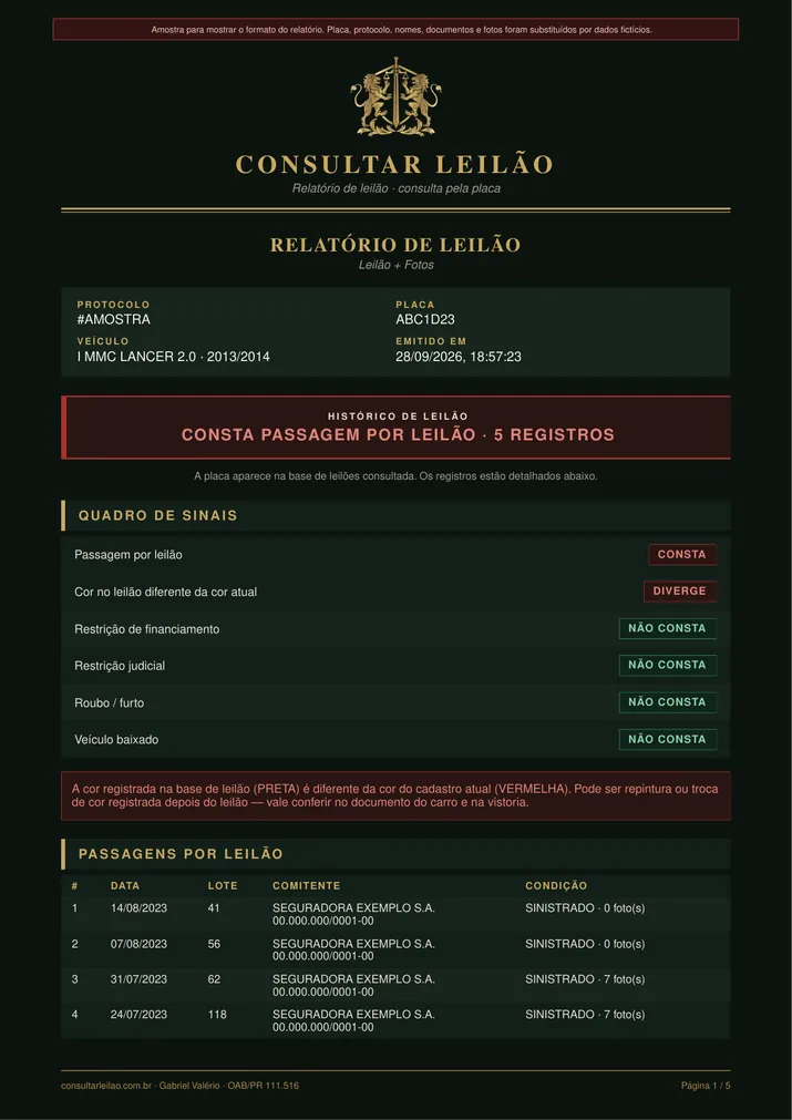 Primeira página do relatório de leilão de amostra, com dados fictícios