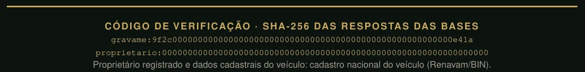 Códigos de verificação SHA-256 da amostra do relatório de gravame, um para cada resposta das bases.
