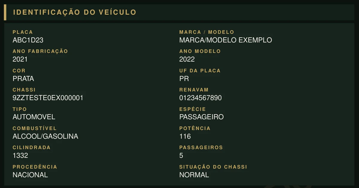 Ficha do veículo na amostra de gravame, com placa fictícia, anos, cor, chassi, Renavam e combustível.