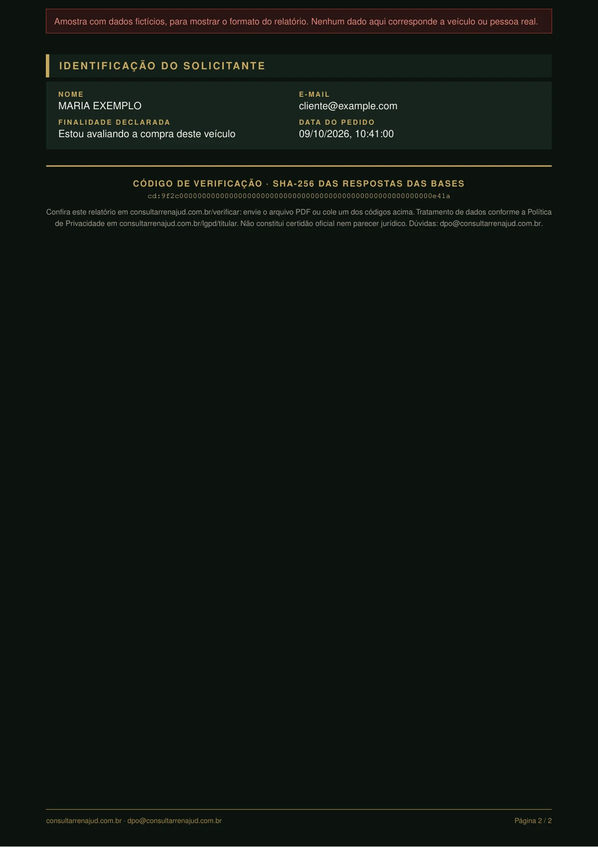 Segunda página da amostra do relatório RENAJUD, com a identificação do solicitante e o código de verificação.