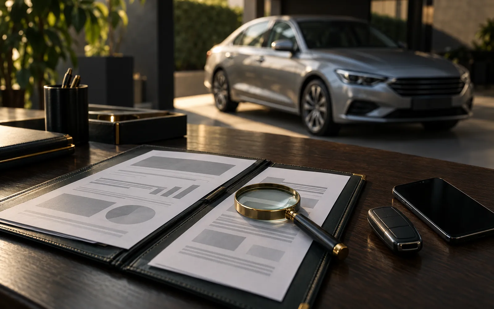 Pasta de documentos aberta com lupa, chave do carro e celular sobre uma mesa escura, com um sedã prata ao fundo num pátio coberto: a conferência do histórico do veículo antes da compra.