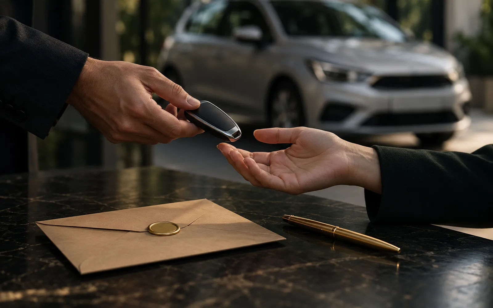 Duas mãos trocando a chave de um carro sobre uma mesa escura, ao lado de um envelope lacrado e de uma caneta dourada, com um hatch prata ao fundo: a transferência de propriedade.